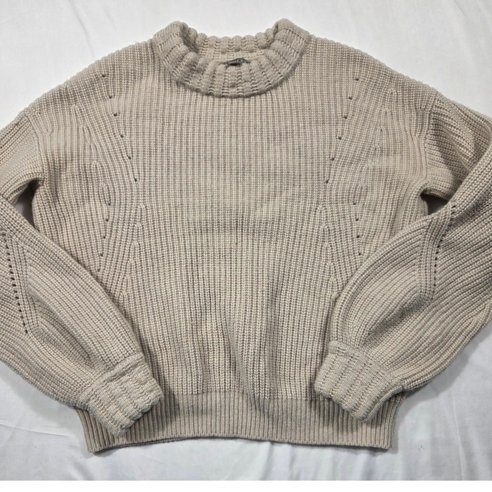 Athleta Wool Cashmere Ribbed Crew Neck Sweater Oatmeal Beige XS